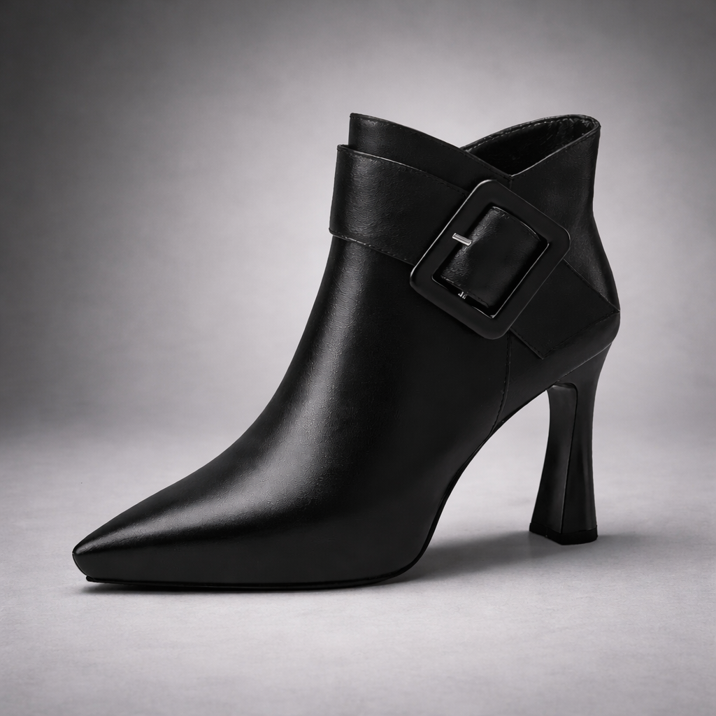Black Buckle Pointed Toe Ankle Boot – Sculpted Heel