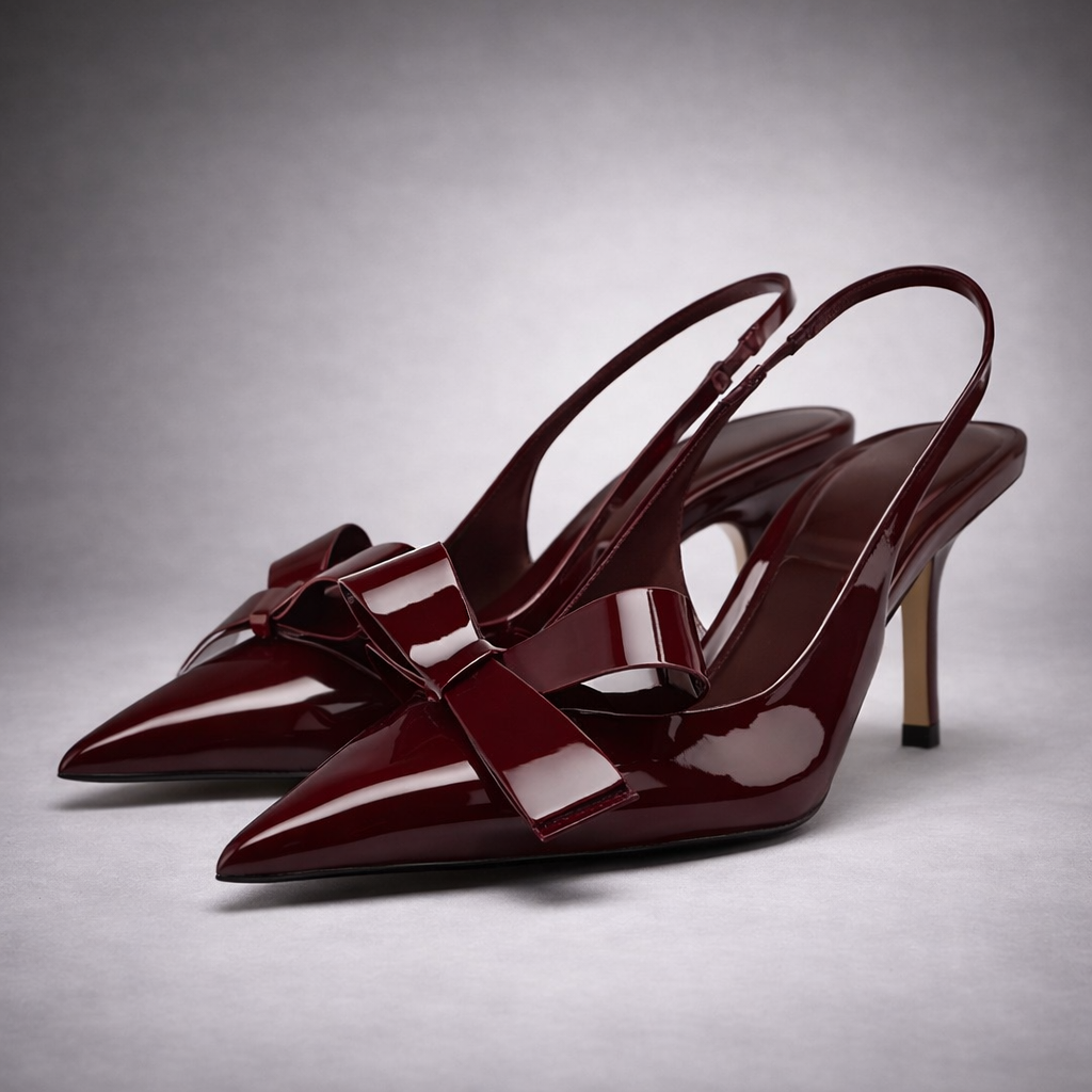 Burgundy Patent Leather Slingback Heel – Bow Detail