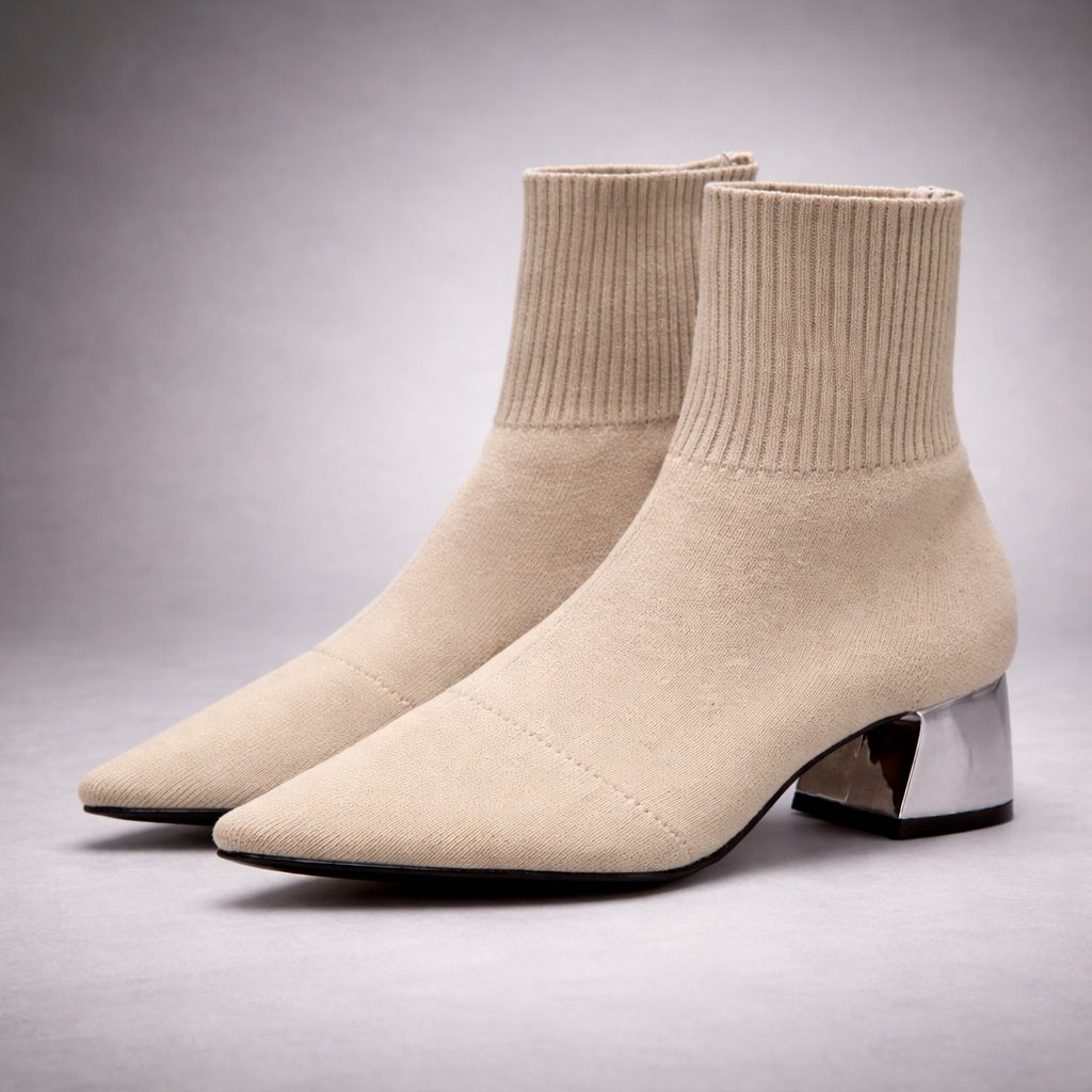 Beige Knit Sock Ankle Boot – Metallic Heel